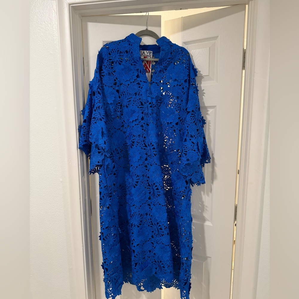 La Vie Style House Blue Lace Caftan Floral Dress